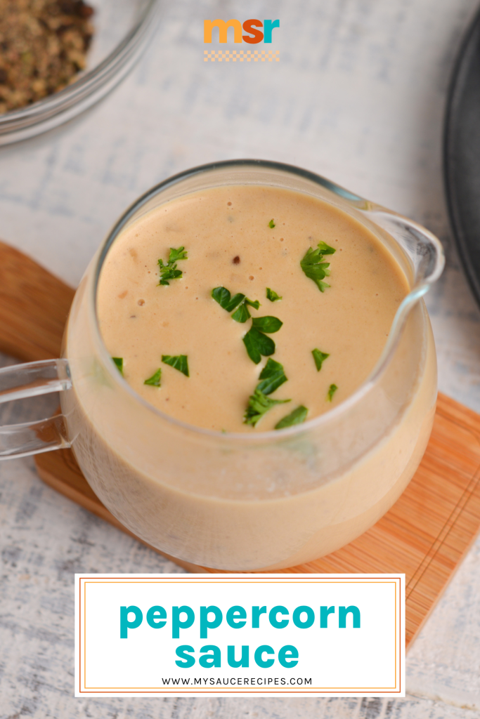 angled shot of creamy peppercorn sauce with text overlay for pinterest