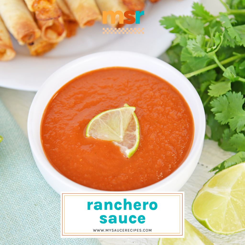 angled shot of bowl of ranchero sauce with text overlay for facebook