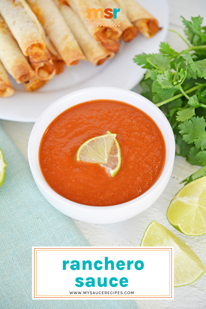 angled shot of ranchero sauce with text overlay for pinterest