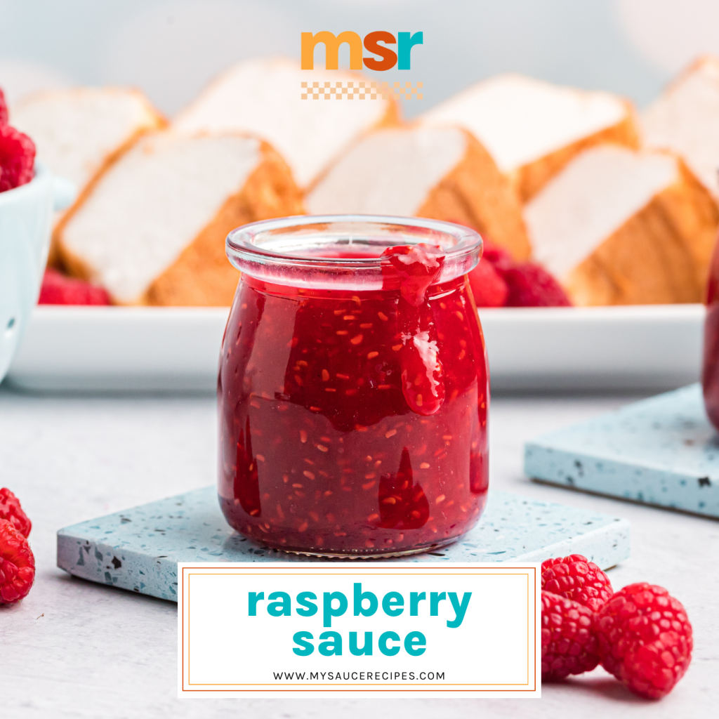 jar of raspberry sauce with text overlay for facebook