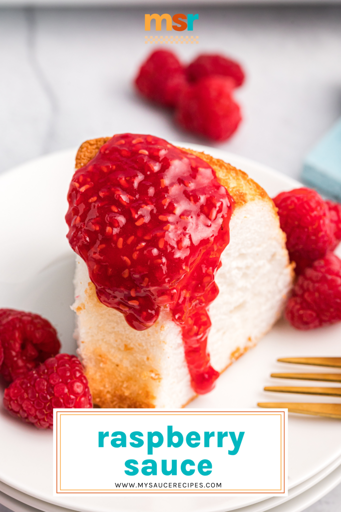 close up of slice of pound cake with raspberry topping with text overlay for pinterest