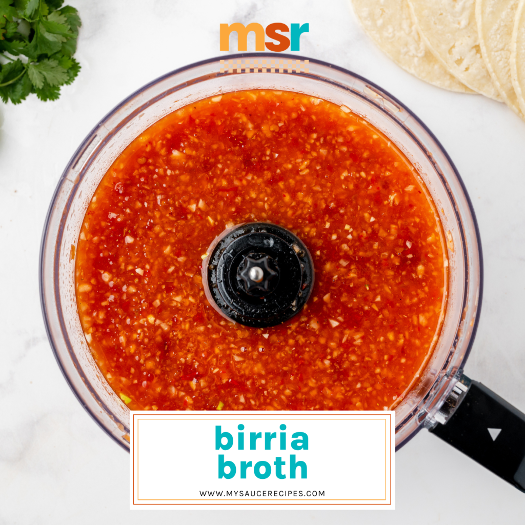 birria consume in food processor with text overlay for facebook