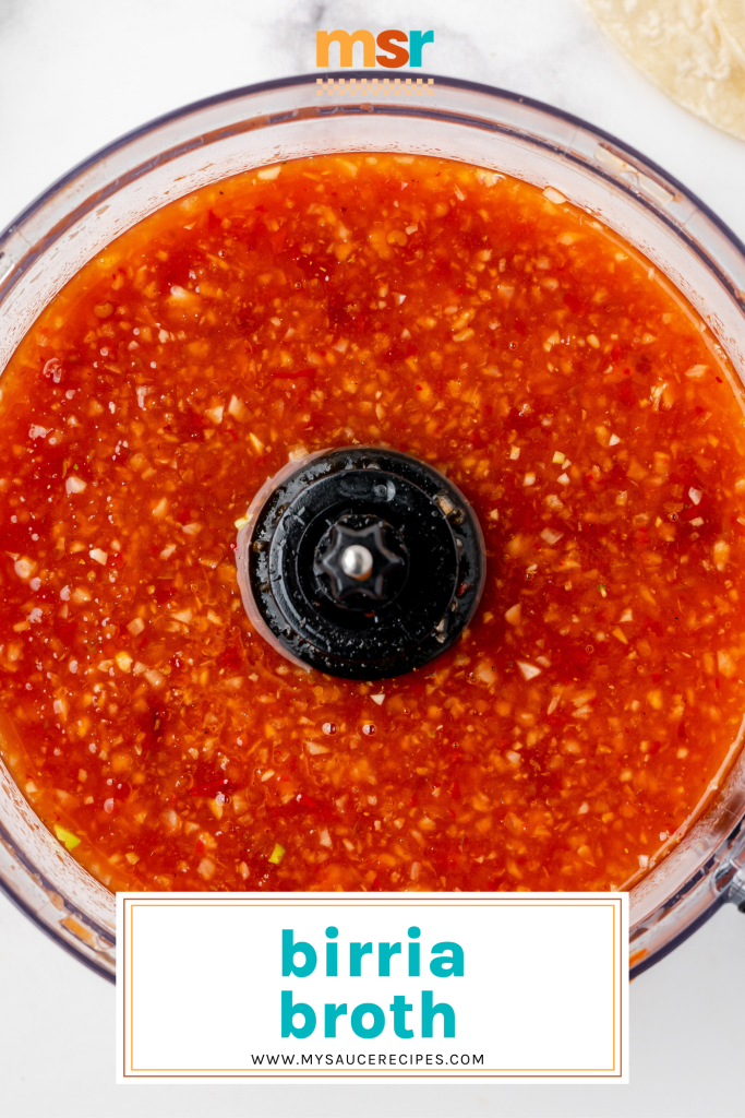 birria broth in food processor with text overlay for pinterest