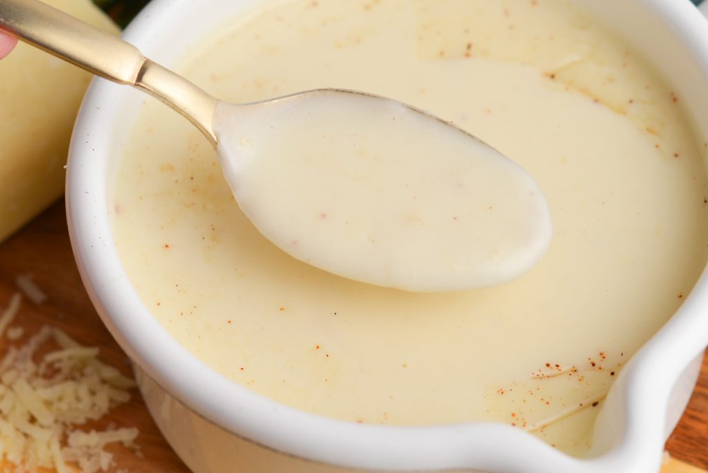 spoon in bowl of parmesan cream sauce