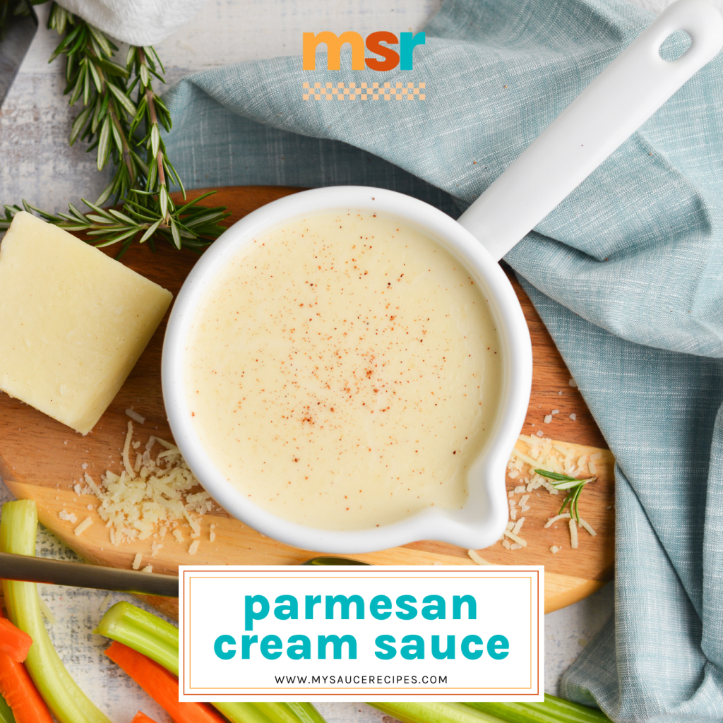 overhead shot of bowl of parmesan cream sauce with text overlay for facebook