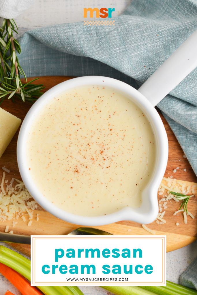 overhead shot of bowl of parmesan cream sauce with text overlay for pinterest