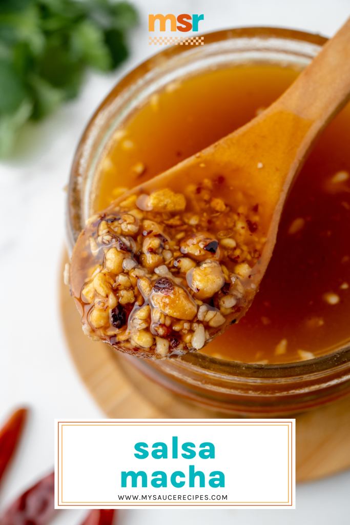 macha salsa on wooden spoon with text overlay for pinterest