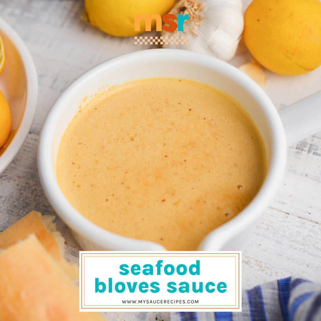angled shot of seafood sauce with text overlay for facebook