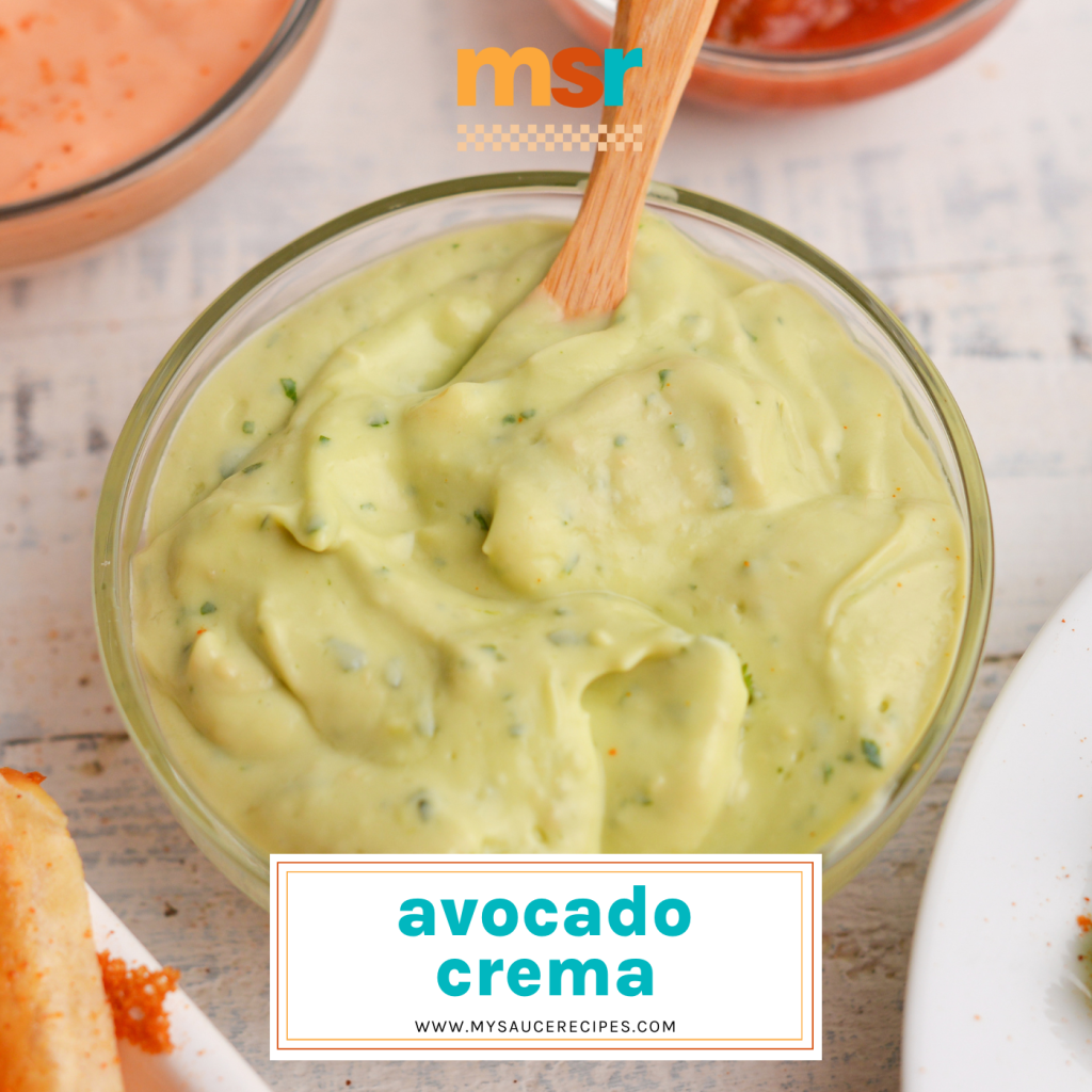 close up of bowl of avocado crema sauce with text overlay for facebook