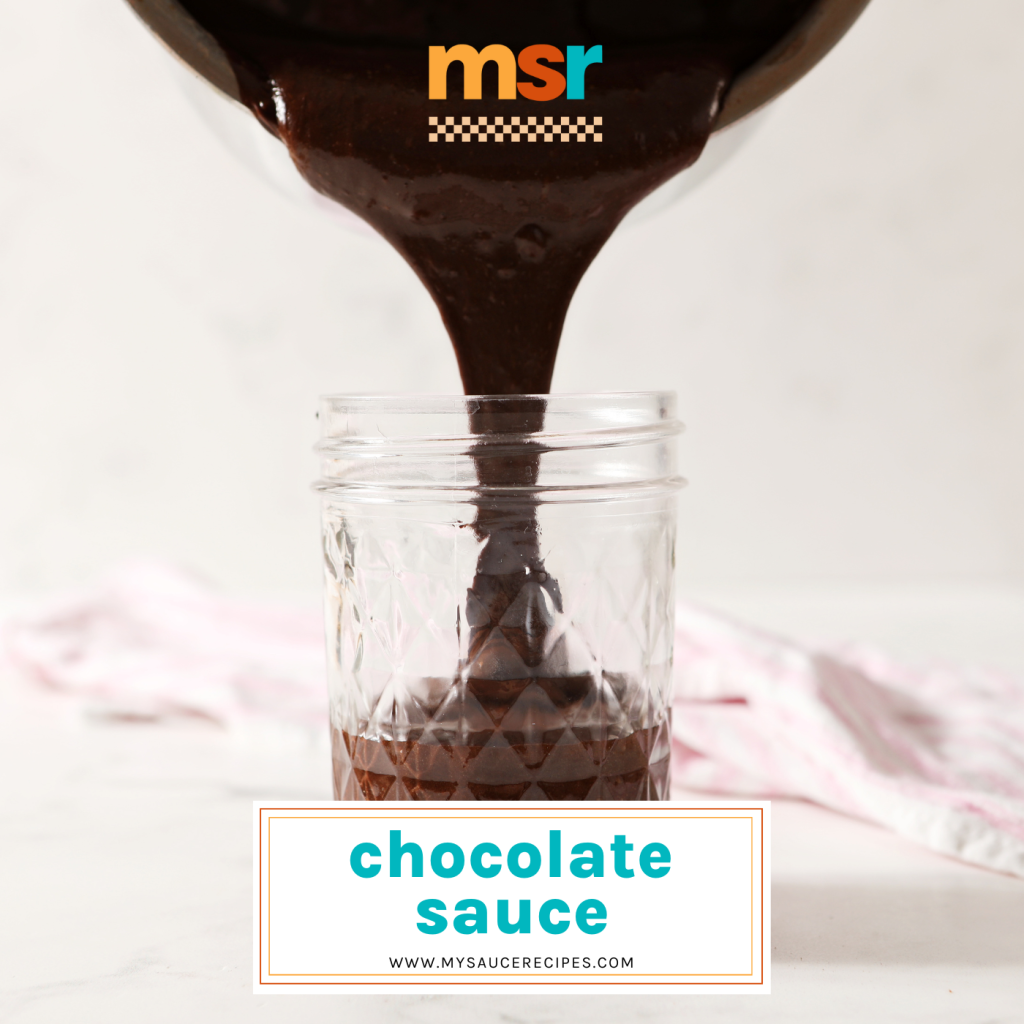 chocolate sauce poured into jar with text overlay for facebook