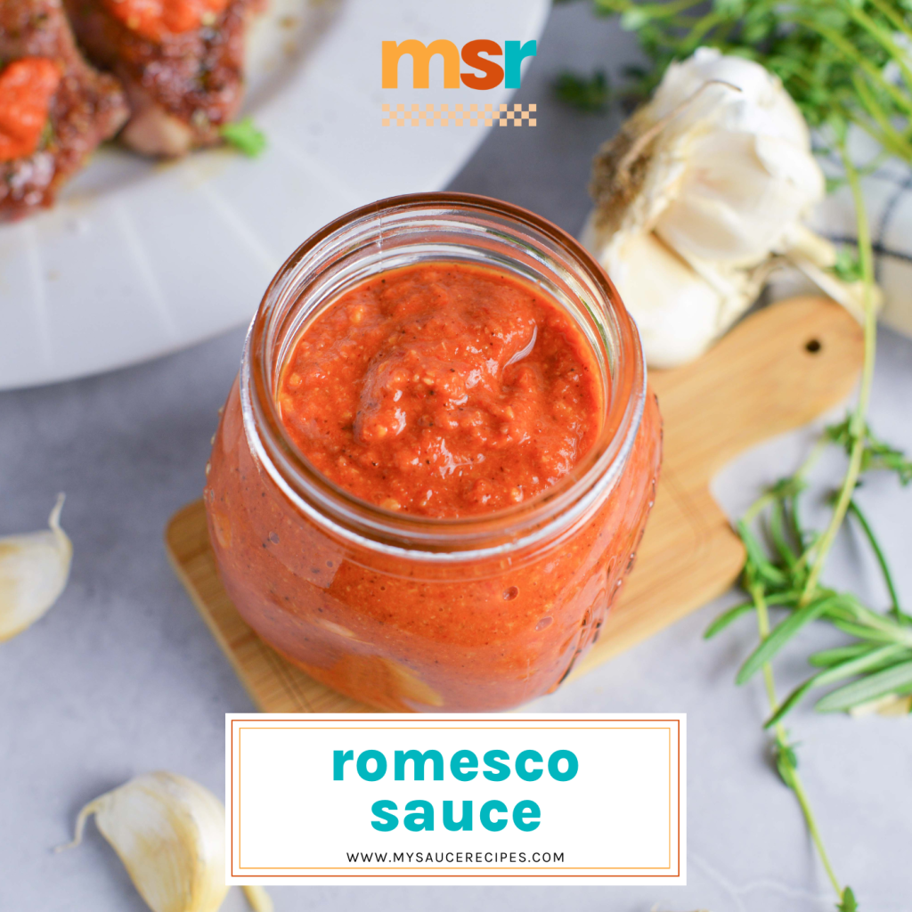 angled shot of jar of romesco sauce with text overlay for facebook