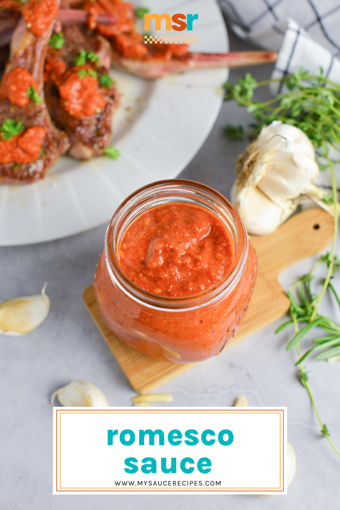 angled shot of romesco sauce with text overlay for pinterest