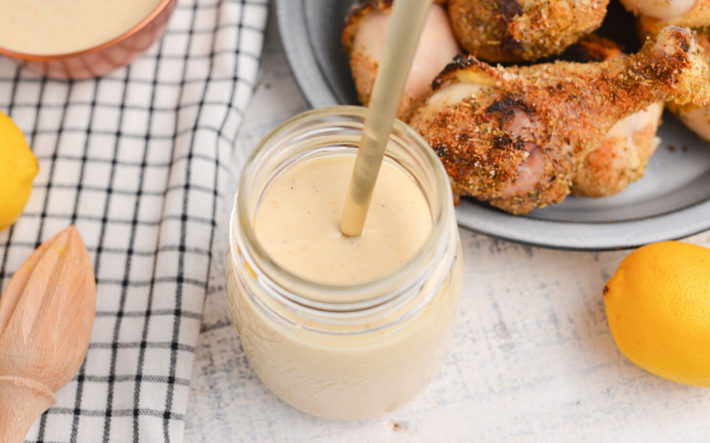 angled shot of jar of alabama white sauce