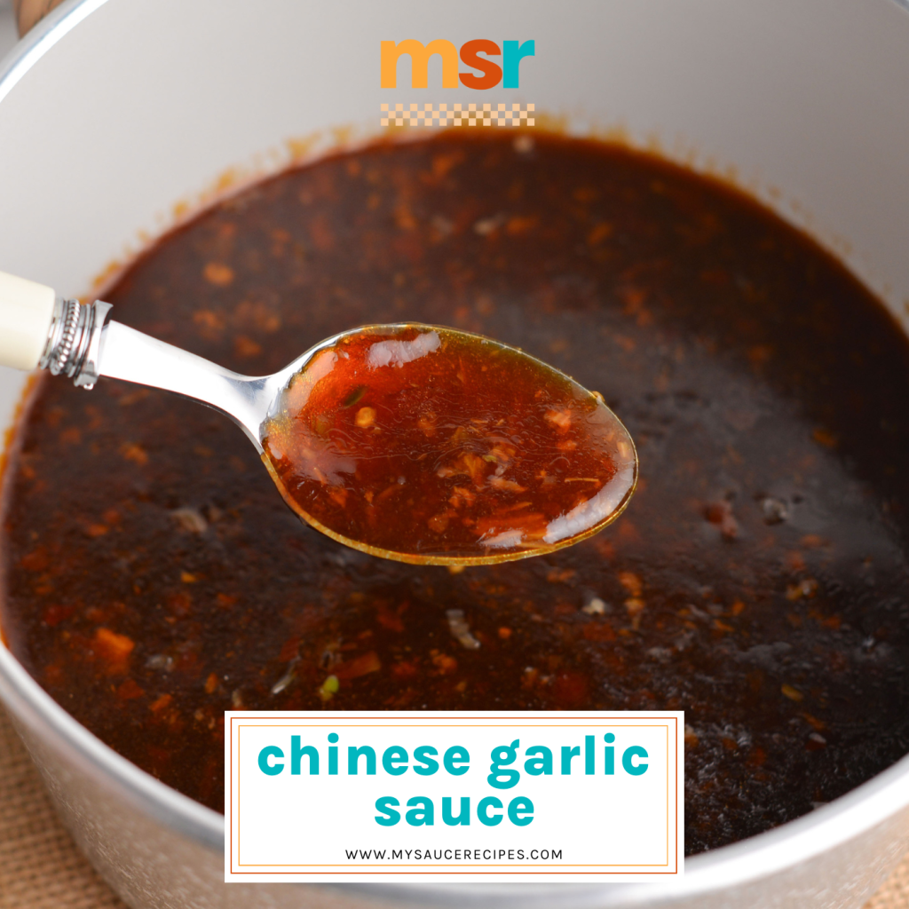 spoon dipped into chinese garlic sauce with text overlay for facebook