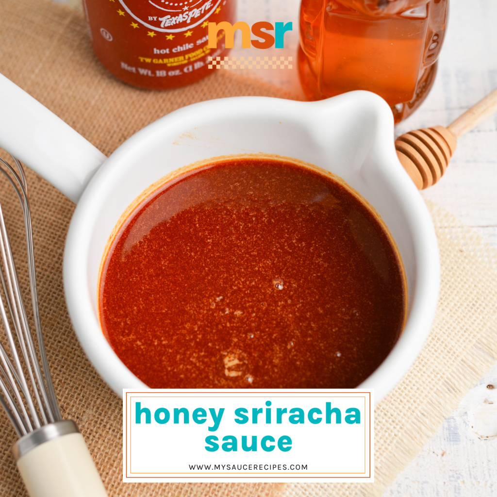 angled shot of sauce in white bowl with text overlay for facebook