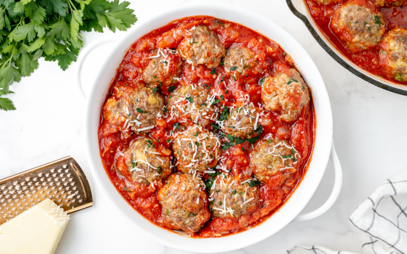 overhead shot of bowl of meatball sauce