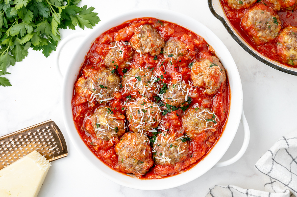 overhead shot of bowl of meatball sauce