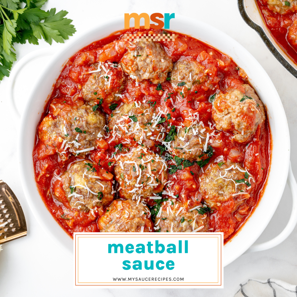 meatball sauce in pan with text overlay for facebook