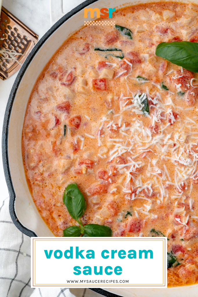 close up of vodka sauce in a pan with text overlay for pinterest