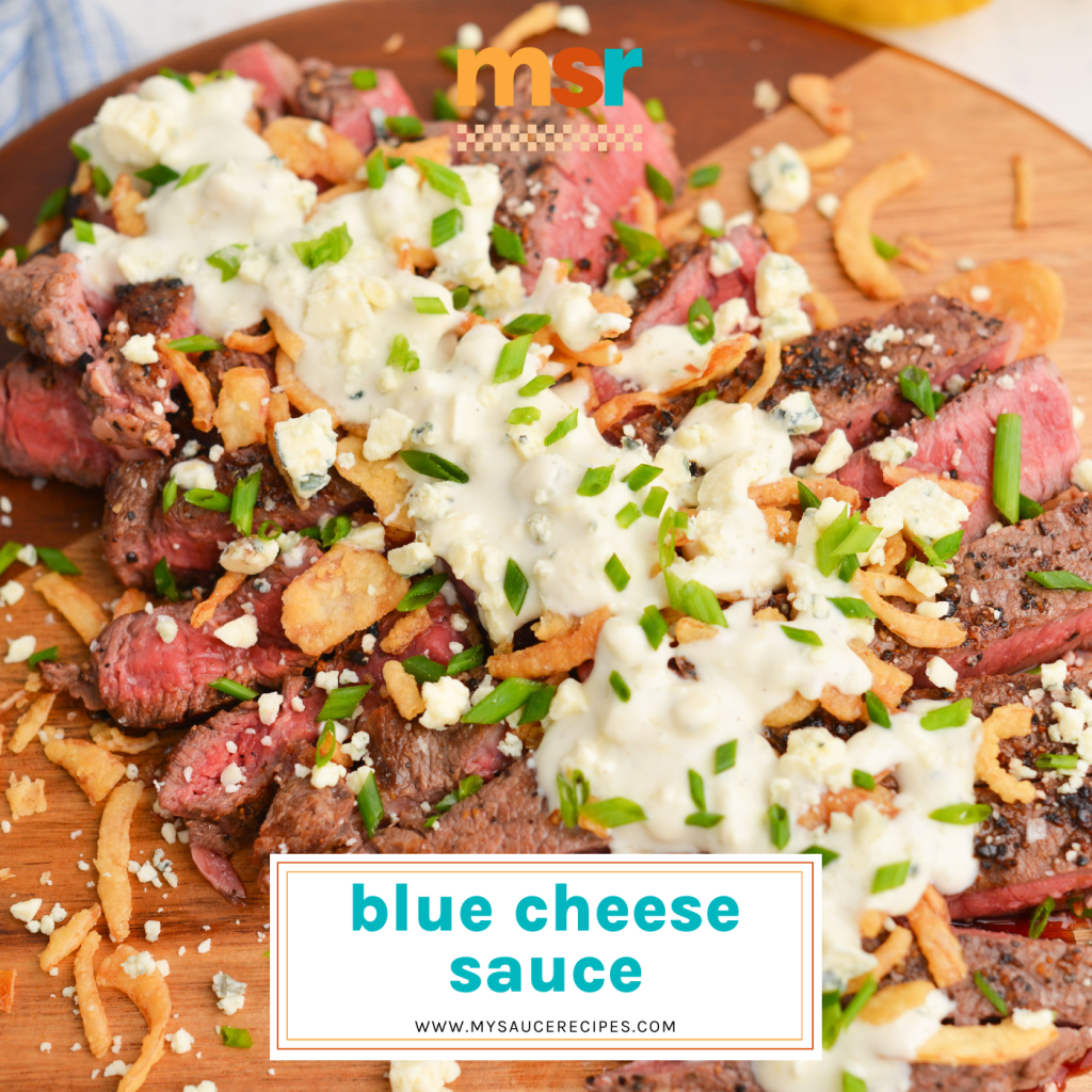 angled shot of sliced steak topped with blue cheese sauce with text overlay for facebook