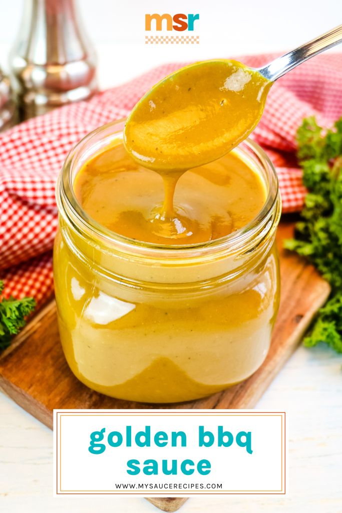 spoon in jar of sauce with text overlay for pinterest
