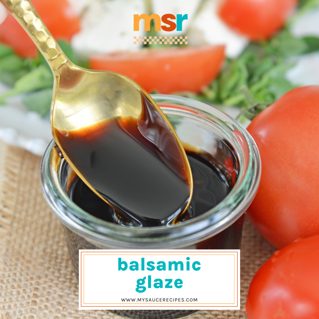 spoon dipping into jar of balsamic glaze with text overlay for facebook