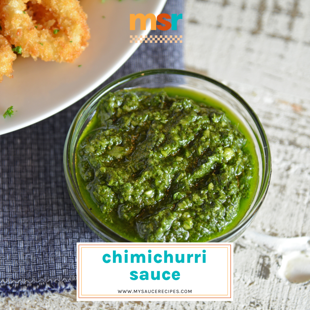 close up of bowl of chimichurri sauce with text overlay for facebook