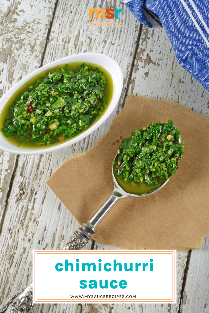 overhead shot of bowl and spoon full of chimichurri sauce with text overlay for pinterest