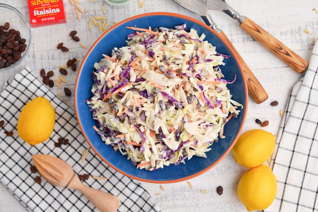 overhead shot of creamy coleslaw in a bowl