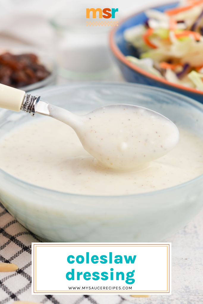 spoon in bowl of coleslaw dressing with text overlay for pinterest
