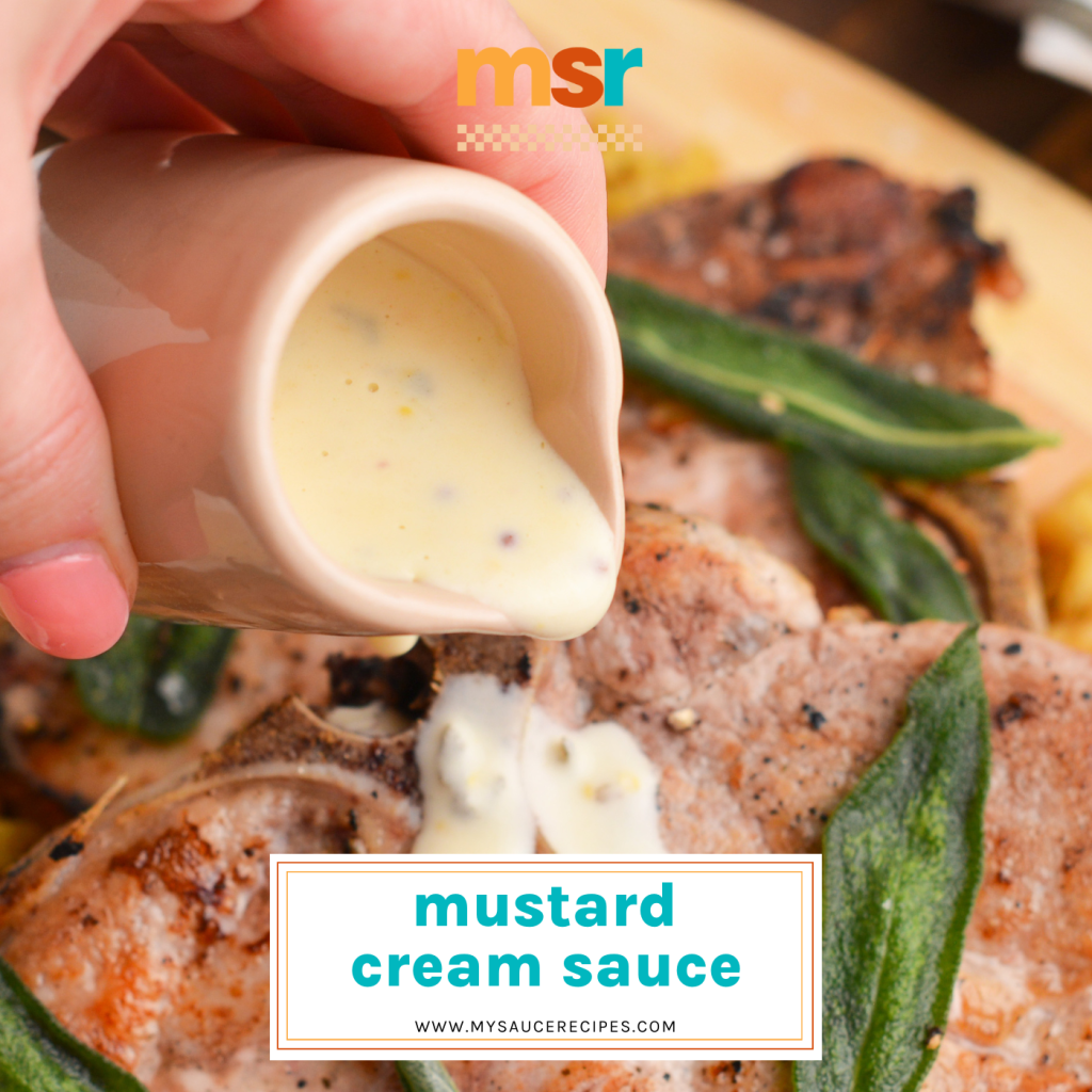 hand pouring mustard cream sauce onto steak with text overlay for facebook