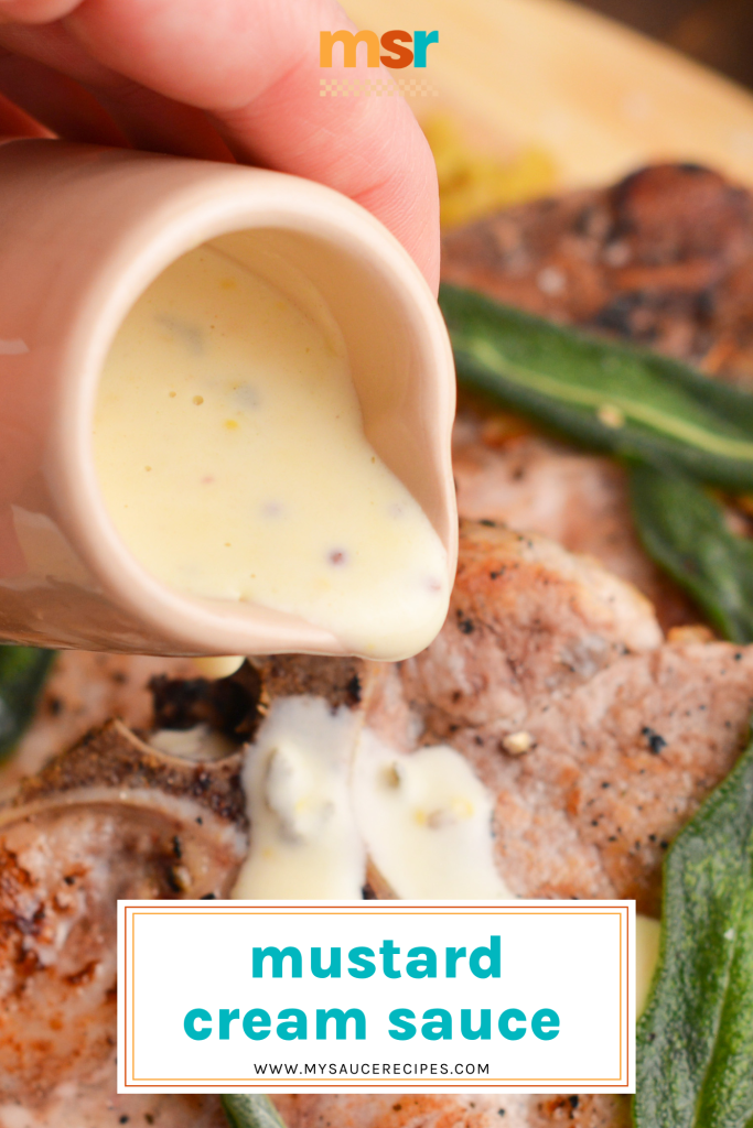 hand pouring mustard cream sauce on steak with text overlay for pinterest