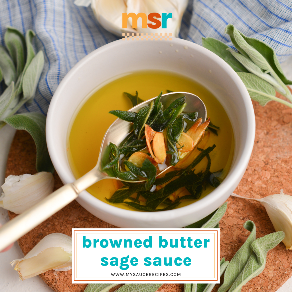 spoon in bowl of brown butter sage sauce with text overlay for facebook