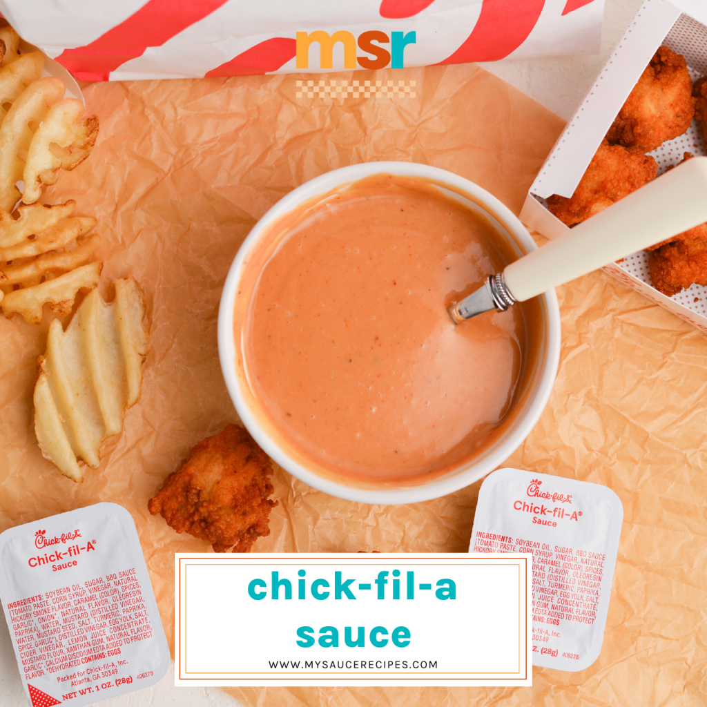 overhead shot of bowl of chick-fil-a sauce with text overlay for facebook