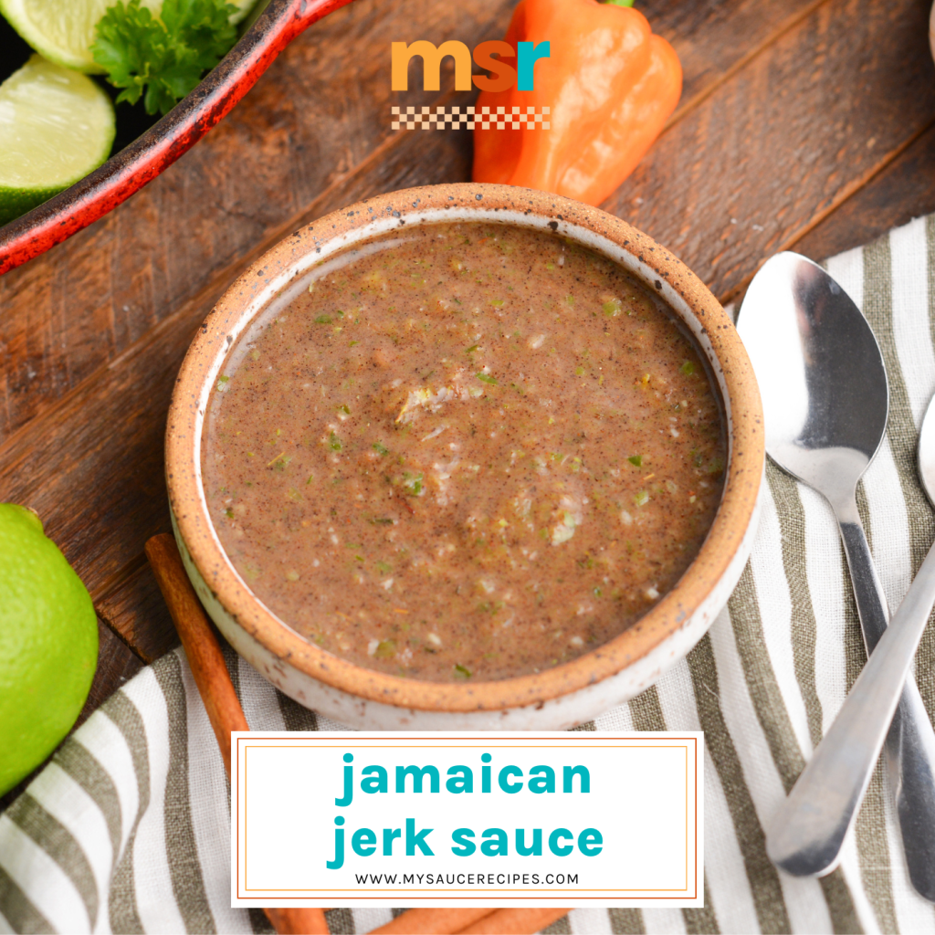 bowl of jerk sauce with text overlay for facebook