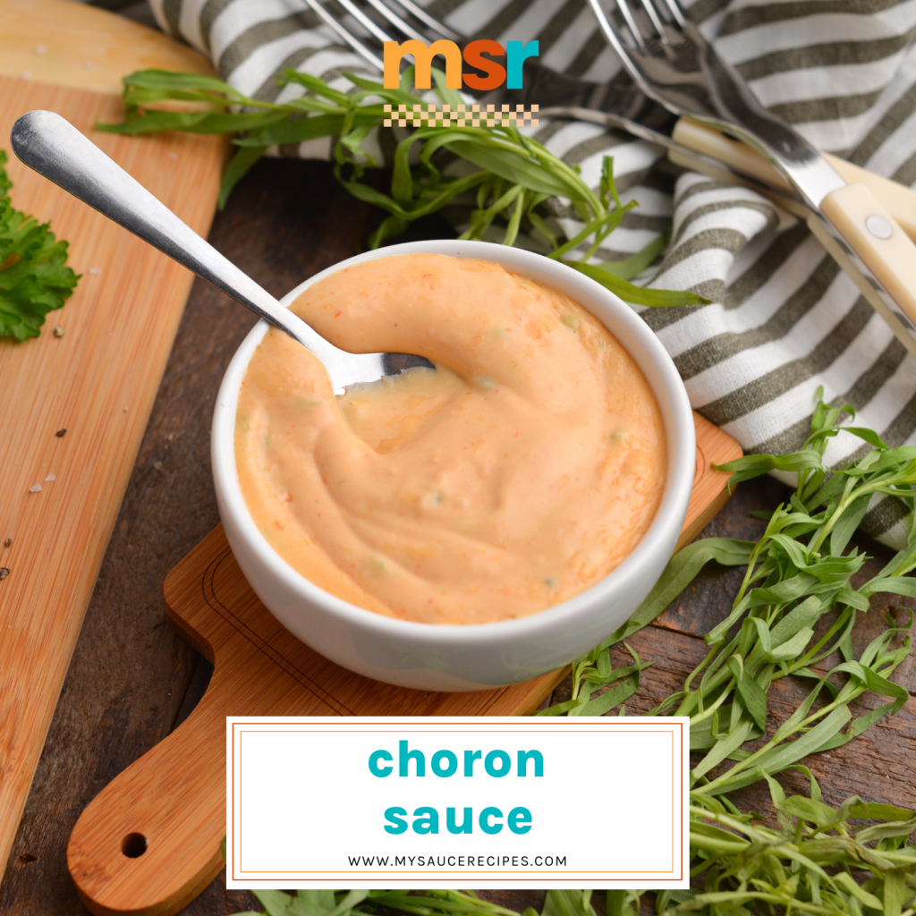 angled shot of spoon in bowl of french choron sauce with text overlay for facebook