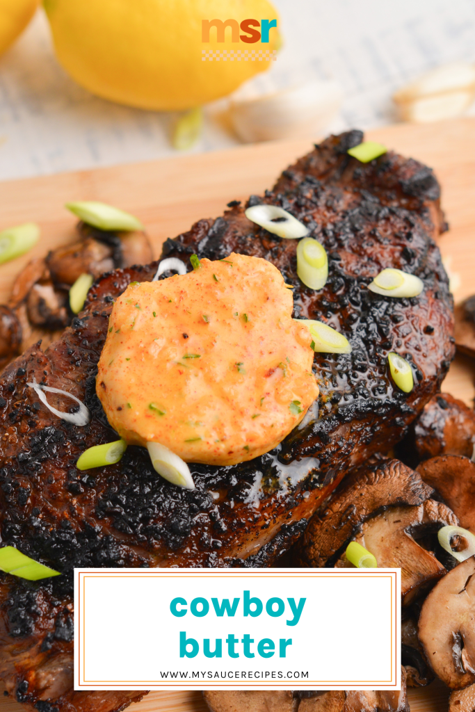 pat of cowboy butter on steak with text overlay for pinterest