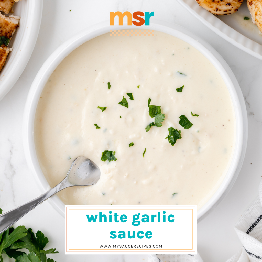 overhead shot of bowl of white garlic sauce with text overlay for facebook