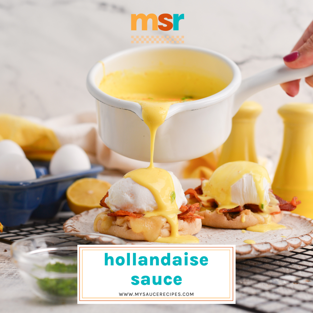 hollandaise sauce poured onto eggs benedict with text overlay for facebook