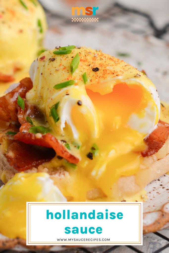 close up of eggs benedict cut into with text overlay for pinterest