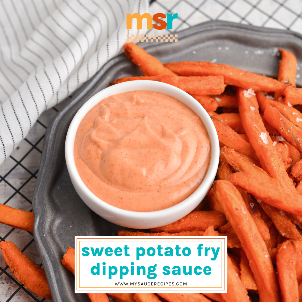 angled shot of bowl of sauce with sweet potatoes with text overlay for facebook