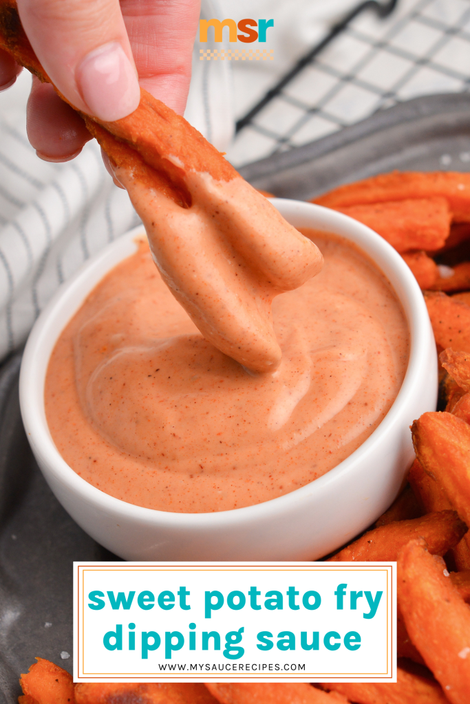 hand dipping fried into sauce with text overlay for pinterest