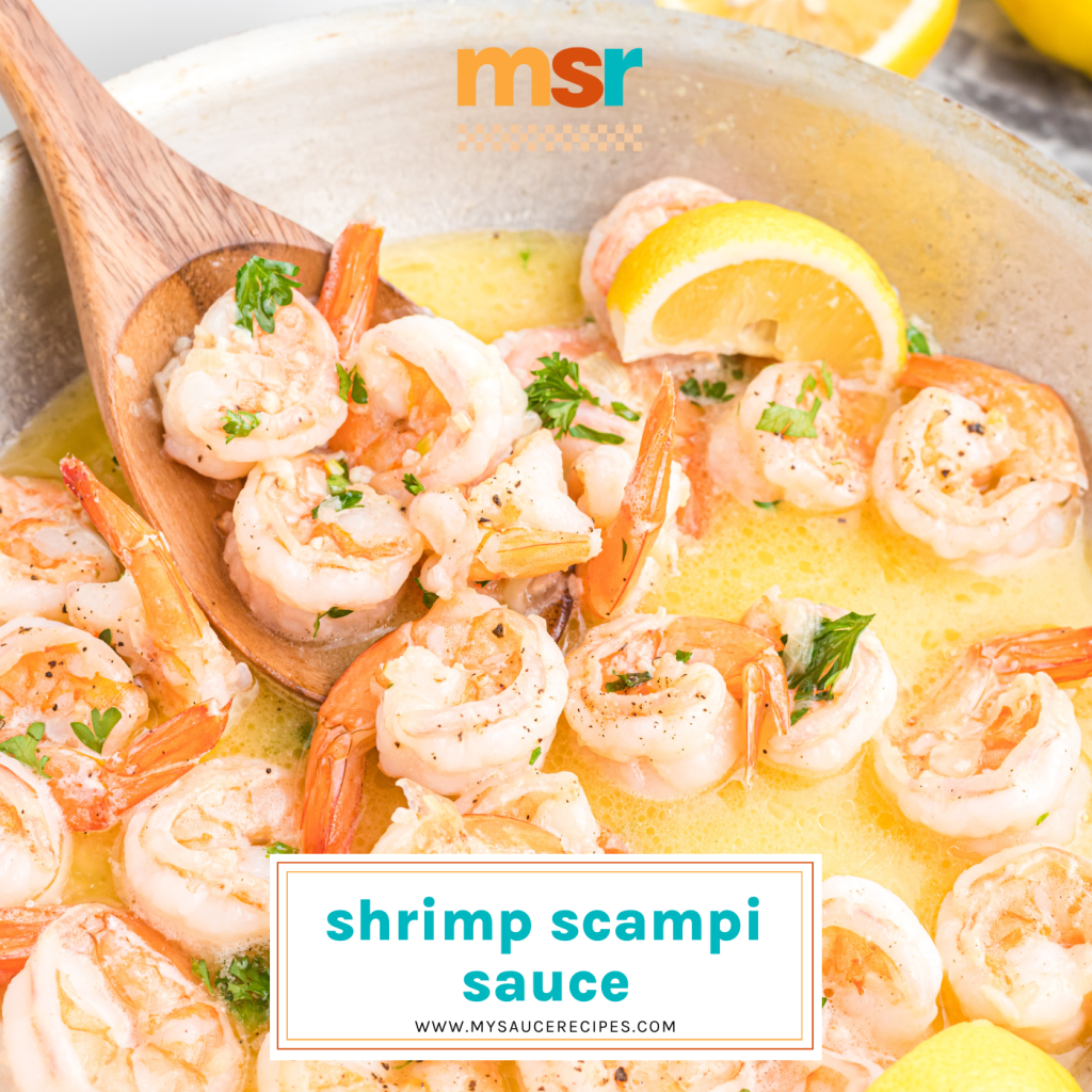 wooden spoon in pan of shrimp scampi sauce with text overlay for facebook