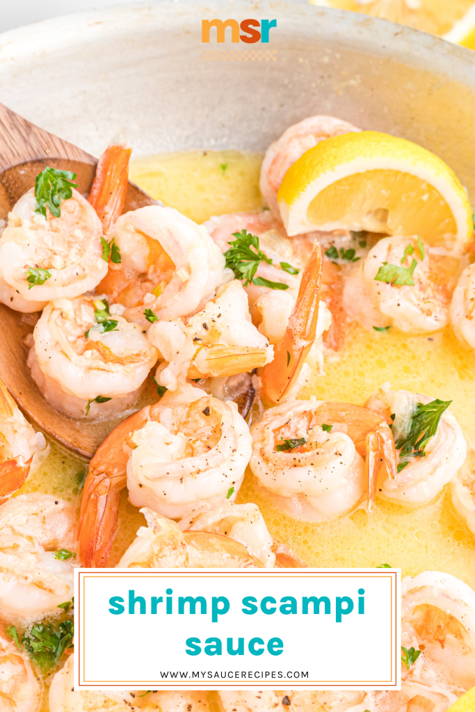 wooden spoon in pan of shrimp scampi sauce with text overlay for pinterest