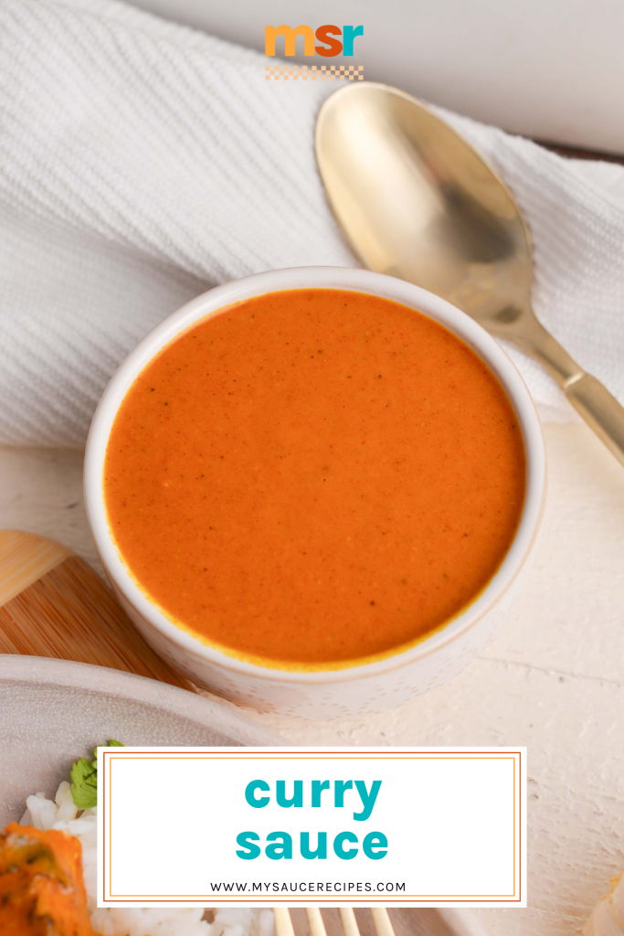angled shot of bowl of curry sauce with text overlay for pinterest