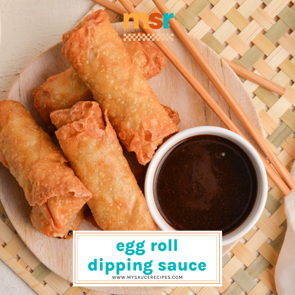 overhead shot of egg rolls on plate with dipping sauce with text overlay for facebook