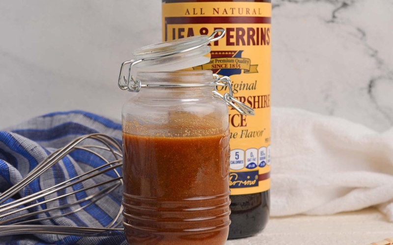 straight on shot of jar of homemade worcestershire sauce