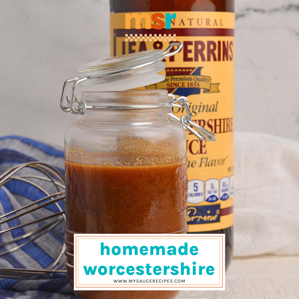 straight on shot of jar of homemade worcestershire sauce with text overlay for facebook