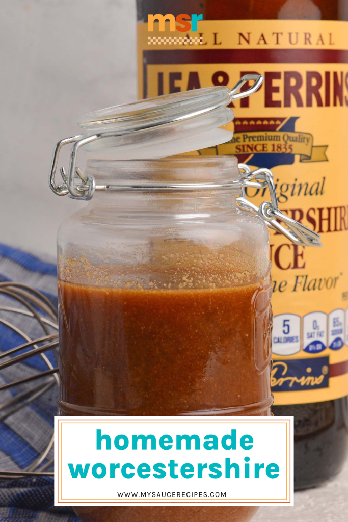 straight on shot of jar of homemade worcestershire sauce with text overlay for pinterest