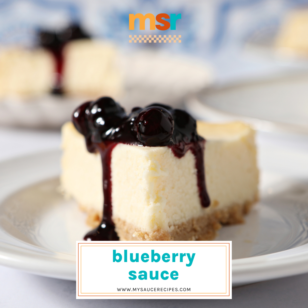 blueberry sauce on a slice of cheesecake with text overlay for facebook